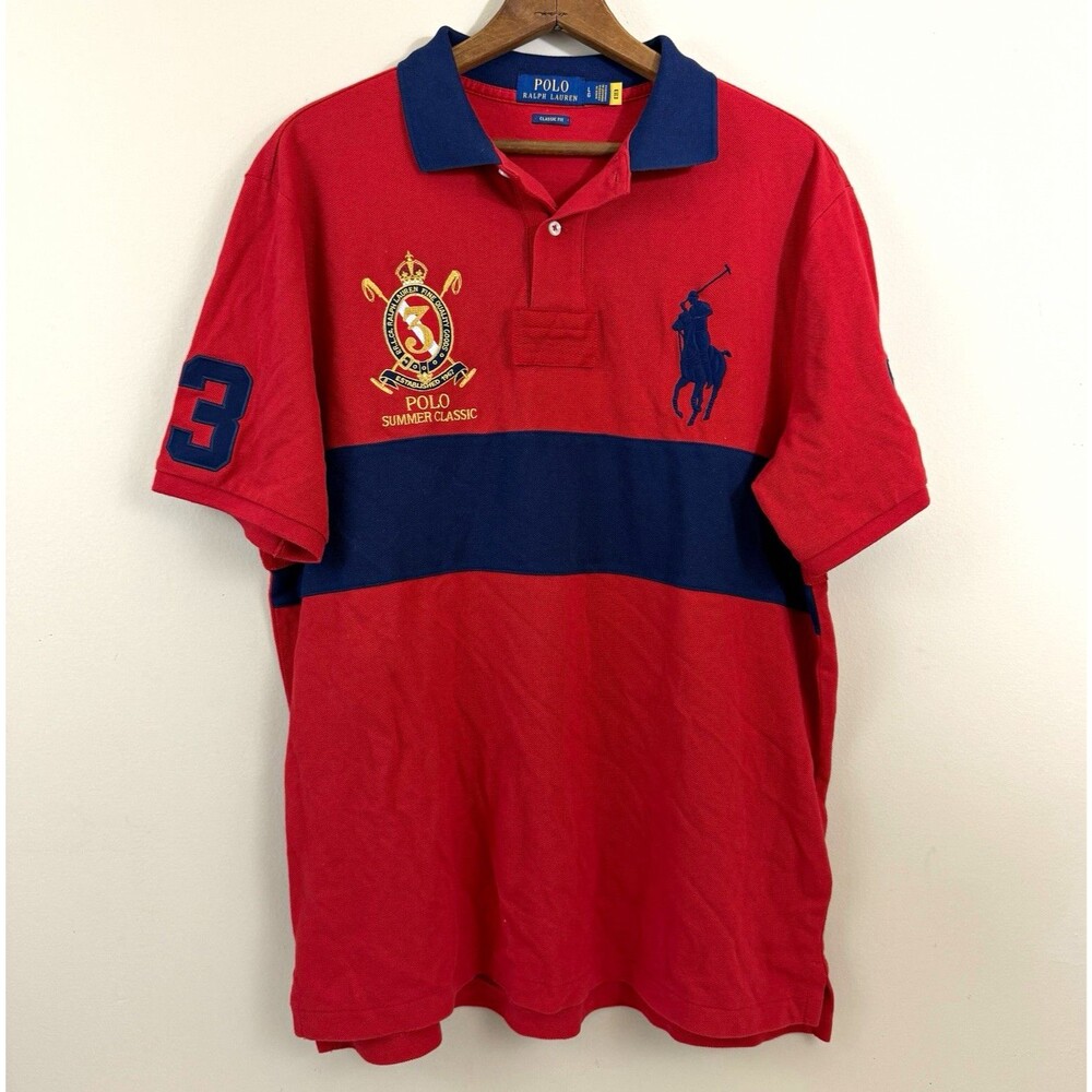Polo Ralph Lauren Shirt Mens L Red Blue Colorblock Classic Fit Big Pony Crest